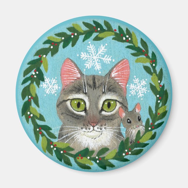Cute tabby cat, mouse, Christmas winter snow Magnet (Front)