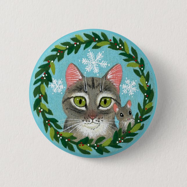 Cute tabby cat, mouse winter Christmas snow button (Front)