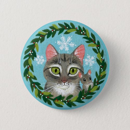 Cute tabby cat mouse winter Christmas snow button