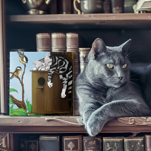 Cute Tabby Cat Napping Birdhouse Funny Ceramic Tile