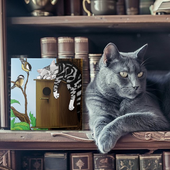 Cute Tabby Cat Napping Birdhouse Funny Ceramic Tile (Creator Uploaded)