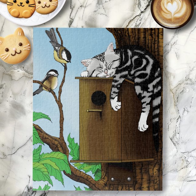 Cute Tabby Cat Napping Birdhouse Funny Jigsaw Puzzle (Creator Uploaded)