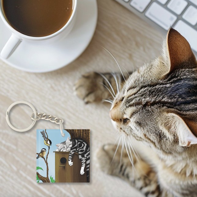 Cute Tabby Cat Napping Birdhouse Funny Keychain (Creator Uploaded)