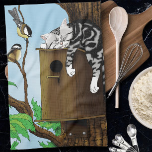 Cute Tabby Cat Napping Birdhouse Funny Kitchen Towel