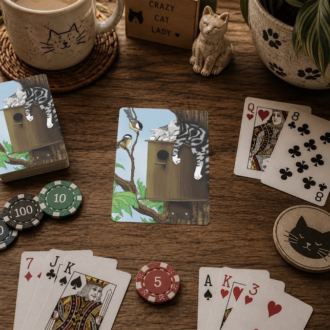 Cute Tabby Cat Napping Birdhouse Funny Poker Cards (Creator Uploaded)