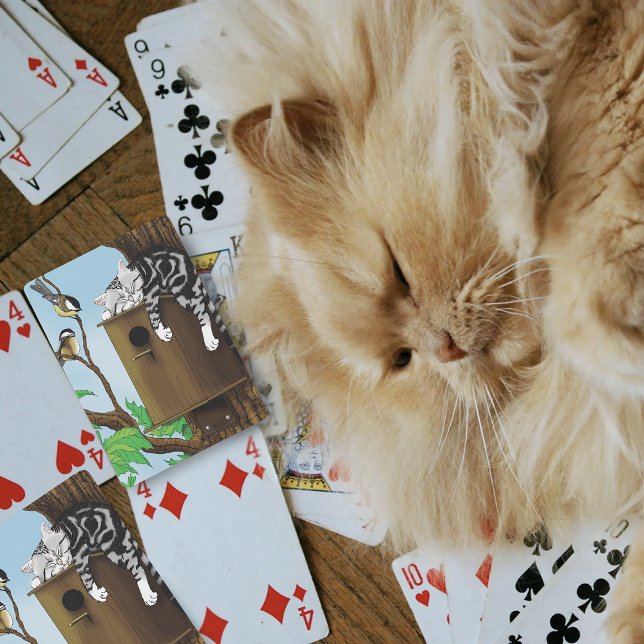 Cute Tabby Cat Napping Birdhouse Funny Poker Cards (Creator Uploaded)