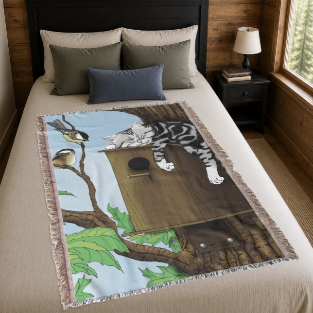 Cute Tabby Cat Napping Birdhouse Funny Throw Blanket (Creator Uploaded)