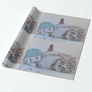 Cute Tabby Cat Navy Blue Colorful art Wrapping Paper