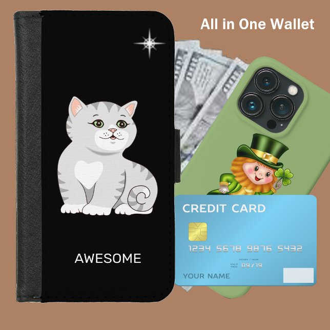 Cute Tabby Cat on Black iPhone Wallet Case (Creator Uploaded)
