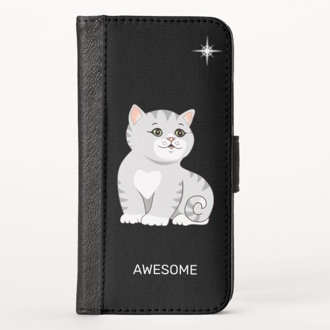 Cute Tabby Cat on Black iPhone Wallet Case (Front)