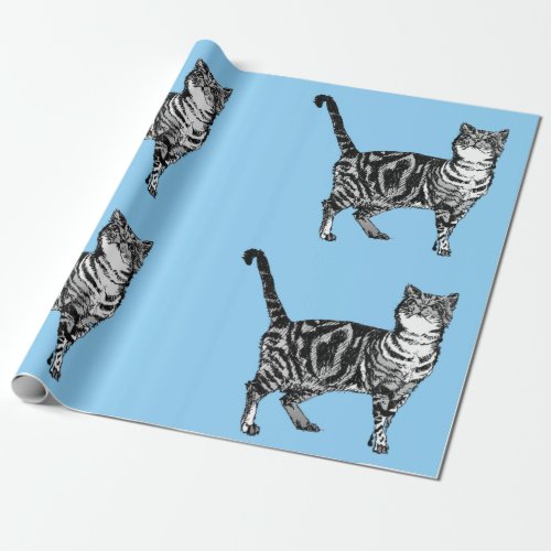 Cute Tabby Cat Pastel Blue Colorful art Wrapping Wrapping Paper