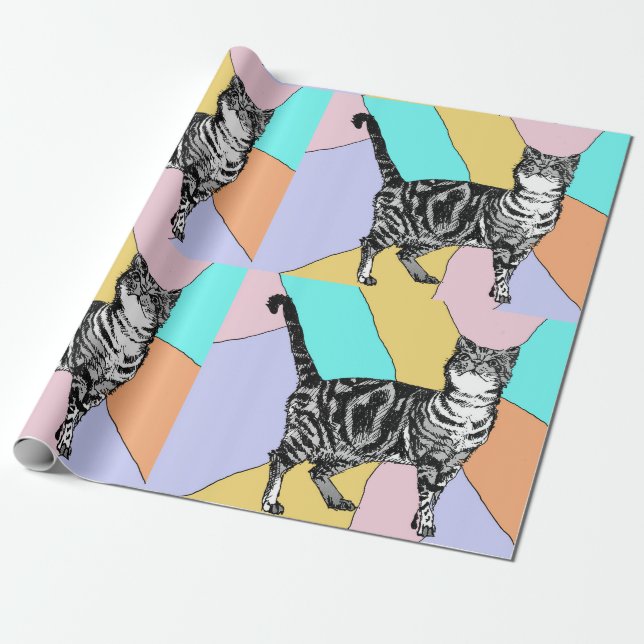 Cute Tabby Cat Pastel Colorful art Wrapping Paper (Unrolled)