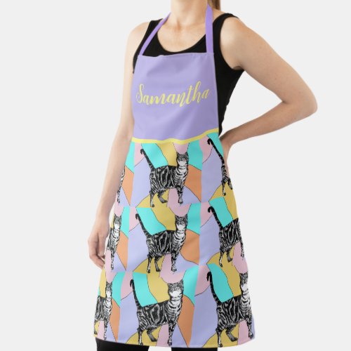 Cute Tabby Cat Pastel Colors Pattern Womans Apron