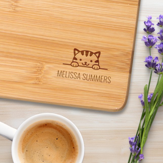 Cute Tabby Cat Peeking above Custom Name Engraved Cutting Board (Creator Uploaded)