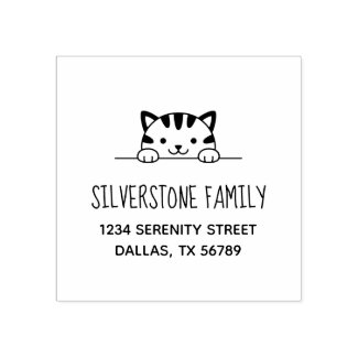Cute Tabby Cat Peeking above Family Address 2 Rubber Stamp