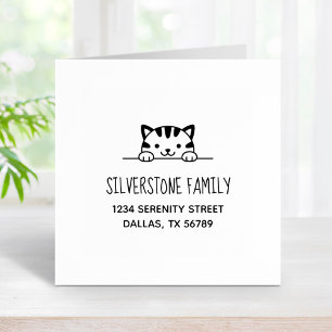 Cute Tabby Cat Peeking above Family Address 2 Rubber Stamp