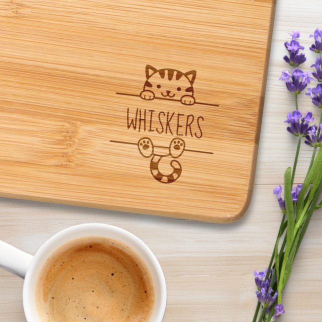 Cute Tabby Cat Peeking Custom Name Engraved Cutting Board (Creator Uploaded)