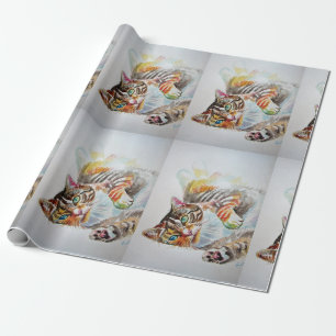 Cute Tabby Cat Playing Art Watercolour Wrapping Paper