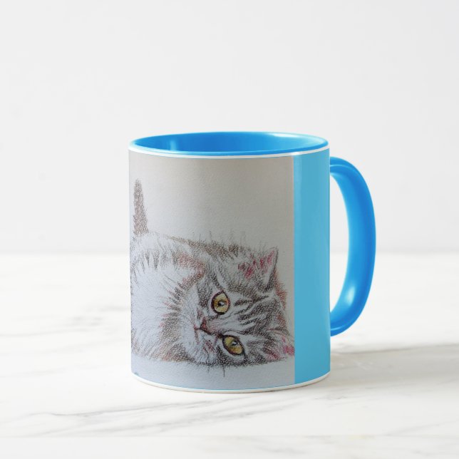 Cute Tabby Cat Playing Pencil Drawing Mug Blue (Front Right)