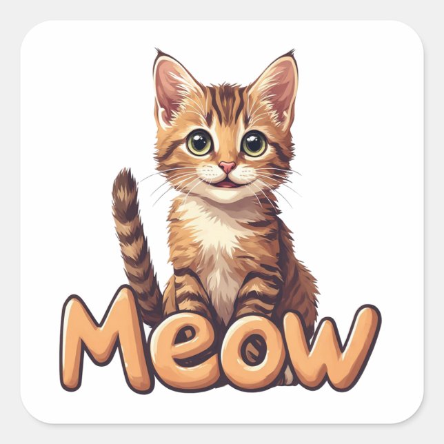 Cute Tabby Cat Portrait With Meow Text For Fun 🐾 Square Sticker (Front)