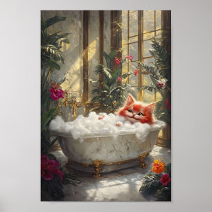 Cute Tabby Cat Relaxing In Luxurious Marble Bath Poster