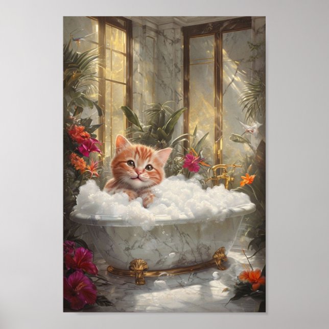 Cute Tabby Cat Relaxing In Luxurious Marble Bath Poster (Front)
