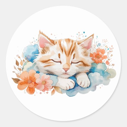 Cute Tabby Cat Sleeping Among Flowers Classic Round Sticker