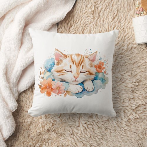 Cute Tabby Cat Sleeping Among Flowers Nursery Throw Pillow