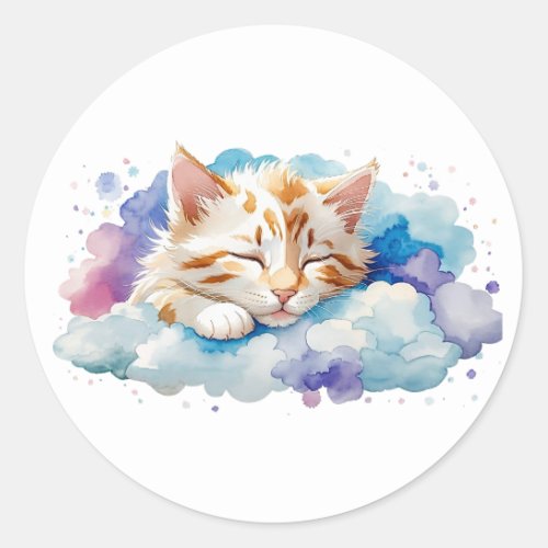 Cute Tabby Cat Sleeping Among Fluffy Clouds  Classic Round Sticker