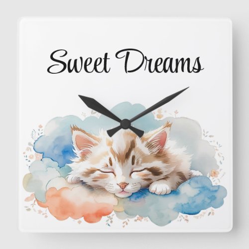 Cute Tabby Cat Sleeping Among Fluffy Clouds  Square Wall Clock