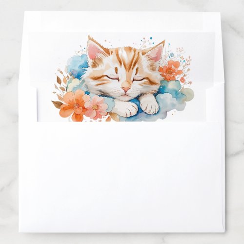 Cute Tabby Cat Sleeping on Clouds Among Flowers Envelope Liner
