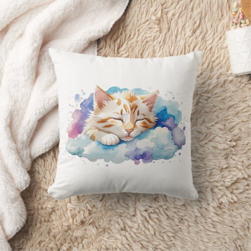 Cute Tabby Cat Sleeping on Fluffy Clouds Nursery Throw Pillow