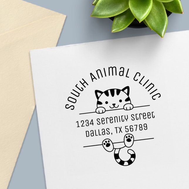 Cute Tabby Cat Veterinarian Clinic Arch Address Self-inking Stamp (Creator Uploaded)