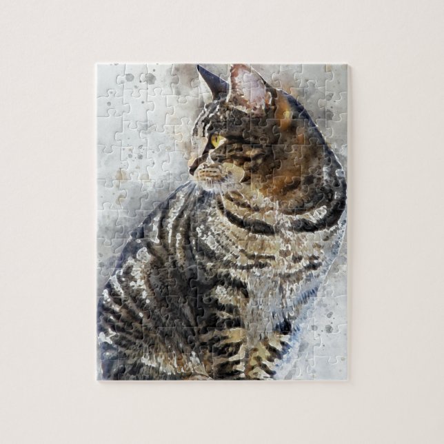 Cute Tabby Cat Watercolor Art Jigsaw Puzzle (Vertical)