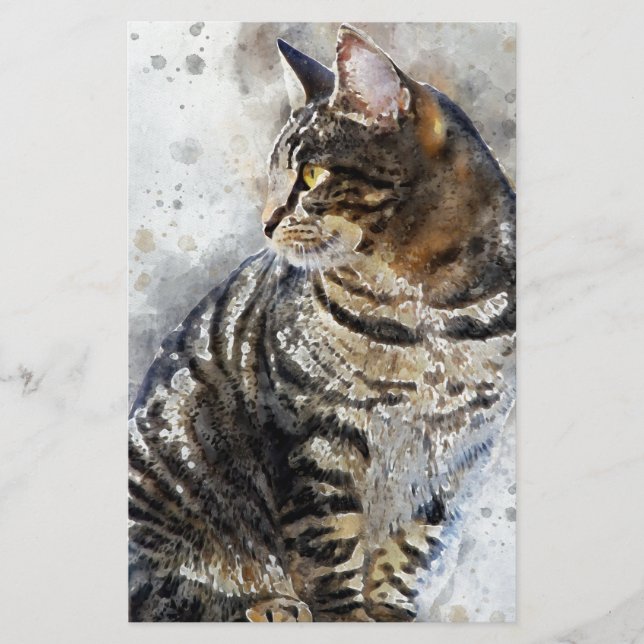 Cute Tabby Cat Watercolor Art Stationery (Front)