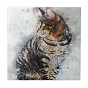 Cute Tabby Cat Watercolor Art Tile