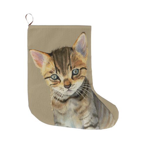 Cute Tabby Cat Watercolor Painting Large Christmas Stocking