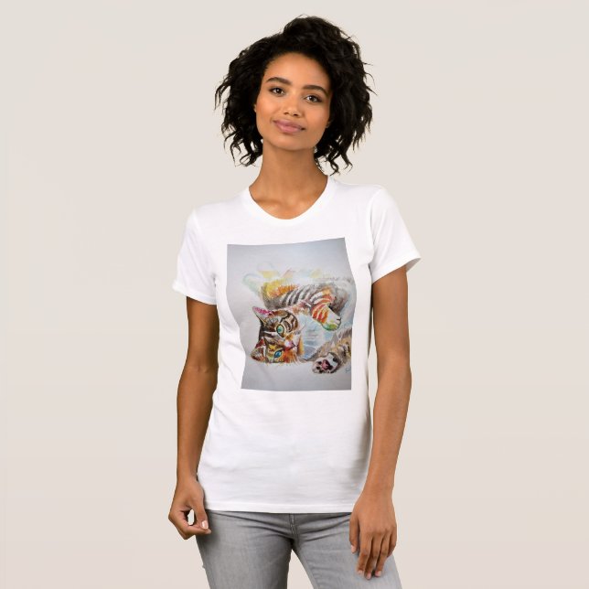 Cute Tabby Cat Watercolour cats Girls T Shirt Top (Front Full)