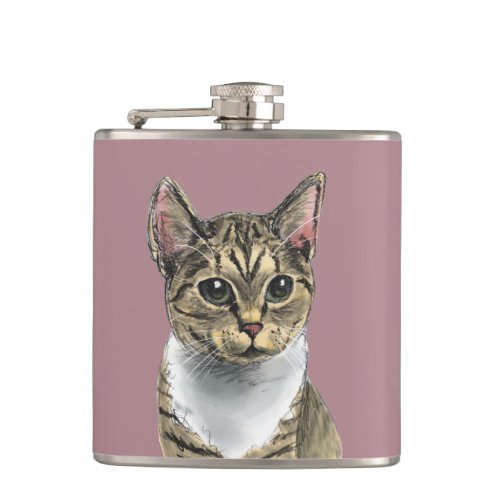 Cute Tabby Cat With Big Eyes Drawing Flask