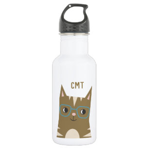 Cute Tabby Cat with Glasses   Monogram Water Bottle