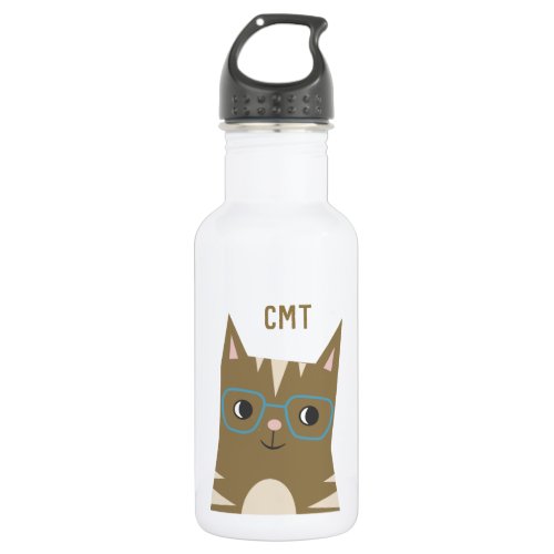 Cute Tabby Cat with Glasses  Monogram Water Bottle