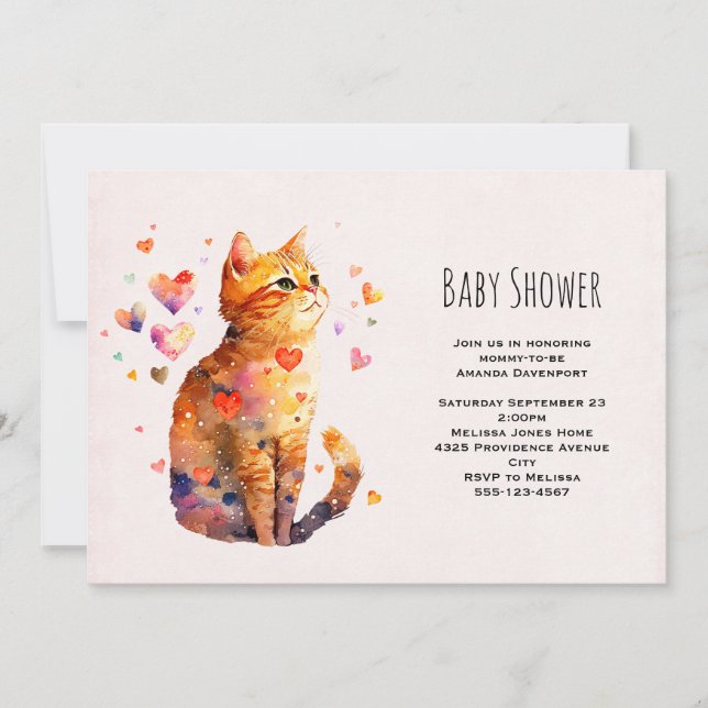 Cute Tabby Cat with Hearts Baby Shower Invitation (Front)