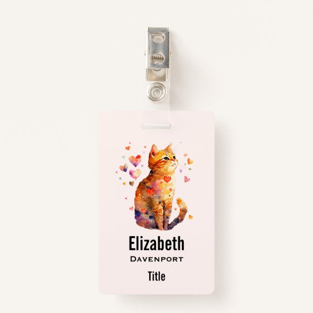Cute Tabby Cat with Hearts Badge (Front with Clip)