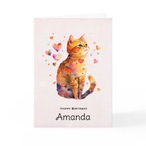 Cute Tabby Cat with Hearts Birthday Card