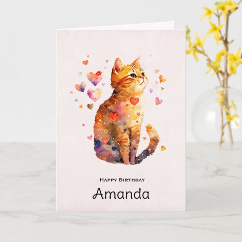 Cute Tabby Cat with Hearts Birthday Card