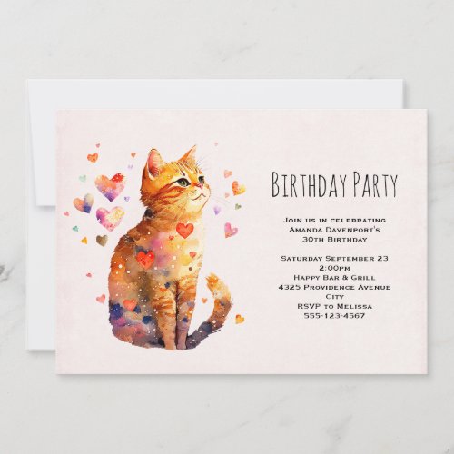 Cute Tabby Cat with Hearts Birthday Invitation