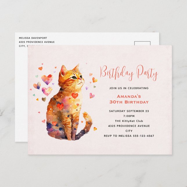 Cute Tabby Cat with Hearts Birthday Invite (Front/Back)