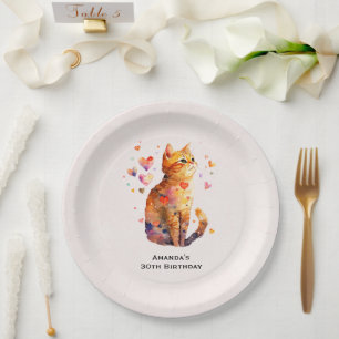 Cute Tabby Cat with Hearts Birthday Paper Plates