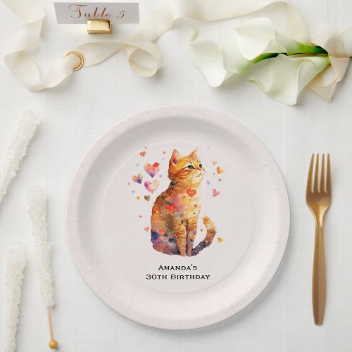 Cute Tabby Cat with Hearts Birthday Paper Plates