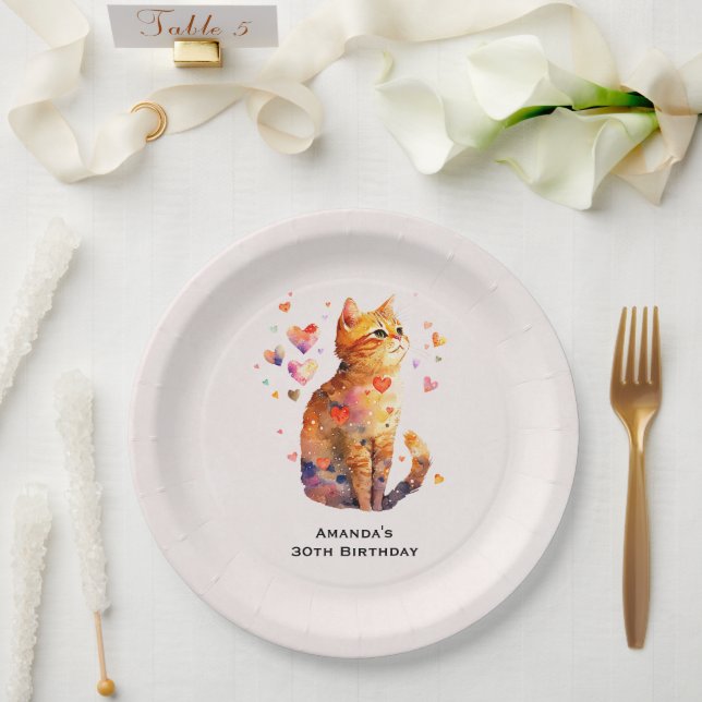 Cute Tabby Cat with Hearts Birthday Paper Plates (Wedding)